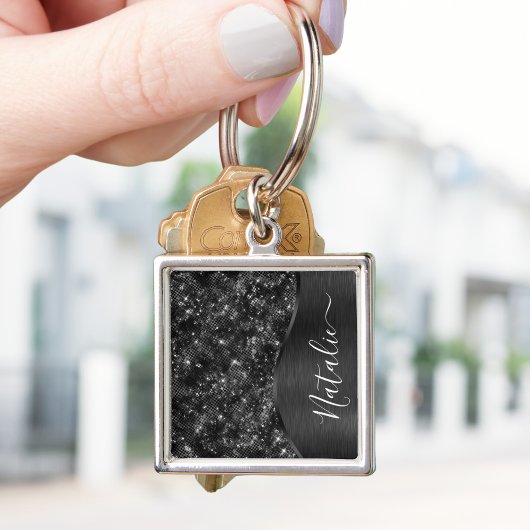 Metallic Black Glitter Personalized Sleutelhanger