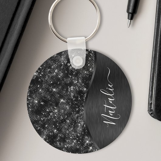 Metallic Black Glitter Personalized Sleutelhanger