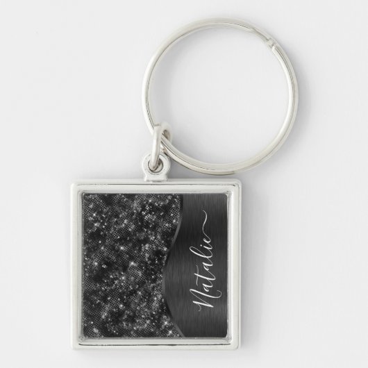 Metallic Black Glitter Personalized Sleutelhanger (Voorkant)