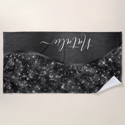 Metallic Black Glitter Personalized Strandlaken (Voorkant)