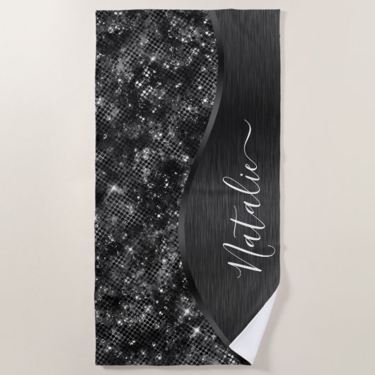 Metallic Black Glitter Personalized Strandlaken (Voorkant)
