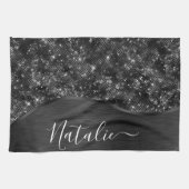 Metallic Black Glitter Personalized Theedoek (Horizontaal)