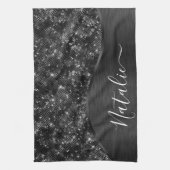 Metallic Black Glitter Personalized Theedoek (Verticaal)