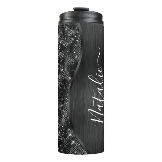 Metallic Black Glitter Personalized Thermosbeker (Voorkant)