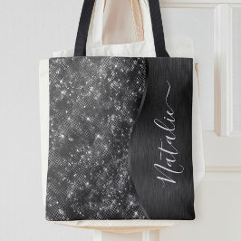 Metallic Black Glitter Personalized Tote Bag
