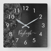 Metallic Black Glitter Personalized Vierkante Klok (Voorkant)