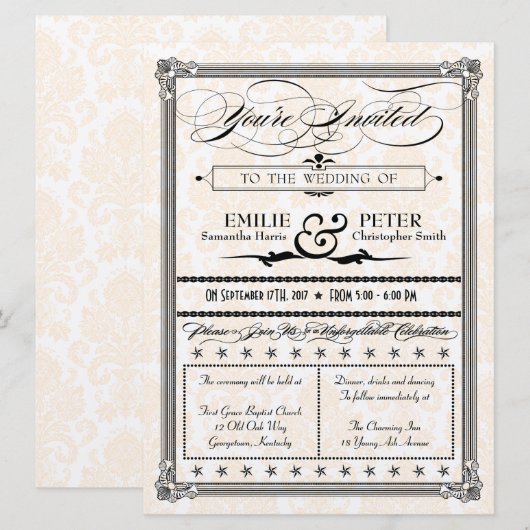 Metallic Black & Gold Damask Wedding Invite Kaart (Voorkant / Achterkant)
