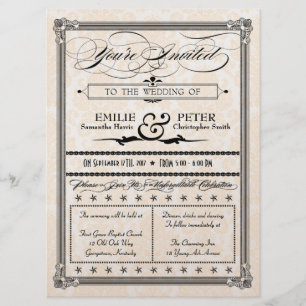 Metallic Black & Gold Damask Wedding Invite Kaart