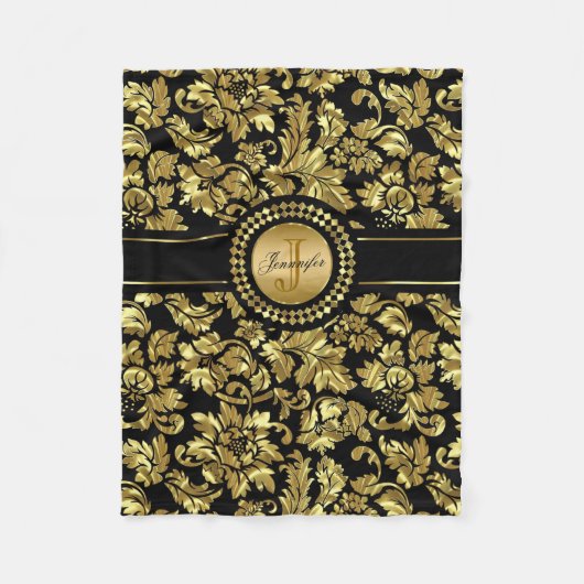 Metallic Black & Gold Damasmonogram Fleece Deken (Voorkant)