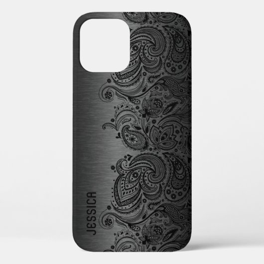 Metallic Black met zwarte Paisley Lace Case-Mate iPhone Case (Achterkant)