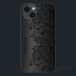 Metallic Black met zwarte Paisley Lace iPhone 13 Hoesje<br><div class="desc">Zwart,  donkergrijs metalen ontwerp geborsteld aluminium met zwarte florale paisleykant.  en optioneel monogram</div>
