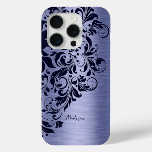 Metallic blauw en donkerblauw kant monogram iPhone 15 pro case