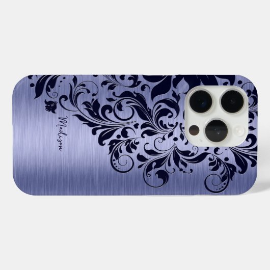 Metallic blauw en donkerblauw kant monogram Case-Mate iPhone case (Achterkant (horizontaal))