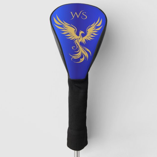 Metallic Blauw Gouden Phoenix Initiaalmonogram Golfheadcover (Voorkant)