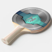 Metallic Blauw Groen Staal trompe l'oeil Monogram Tafeltennisbatje (Voorkant Gekanteld)