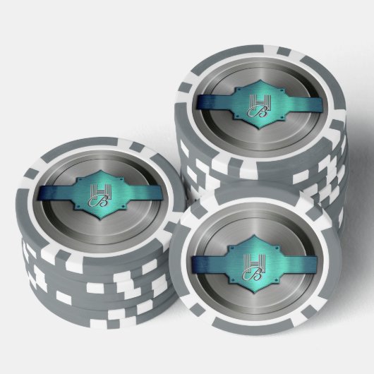 Metallic Blauw Groene Stalen trompe l’œil Monogram Poker Chips (Opstapeling)