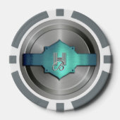 Metallic Blauw Groene Stalen trompe l’œil Monogram Poker Chips (Voorkant)
