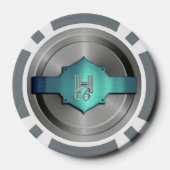 Metallic Blauw Groene Stalen trompe l’œil Monogram Poker Chips (Achterkant)