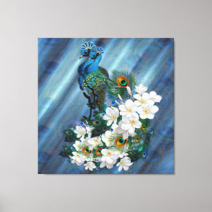 Metallic Blauwe Groen Peacocks op Emerald Green Si Canvas Afdruk