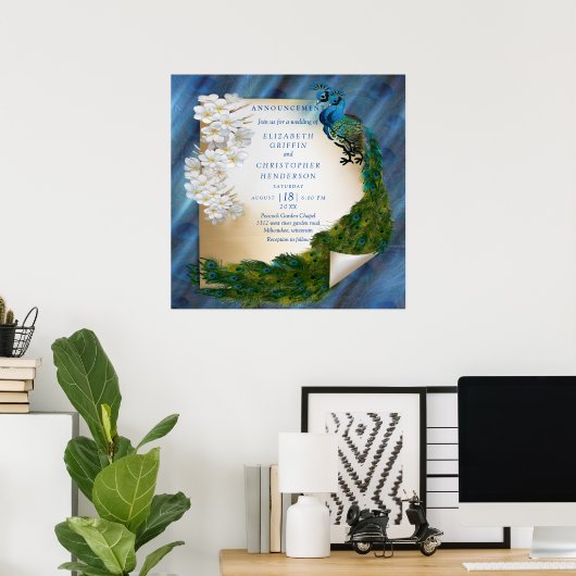 Metallic Blauwe Groen Peacocks op Emerald Green Si Poster (Thuiskantoor)