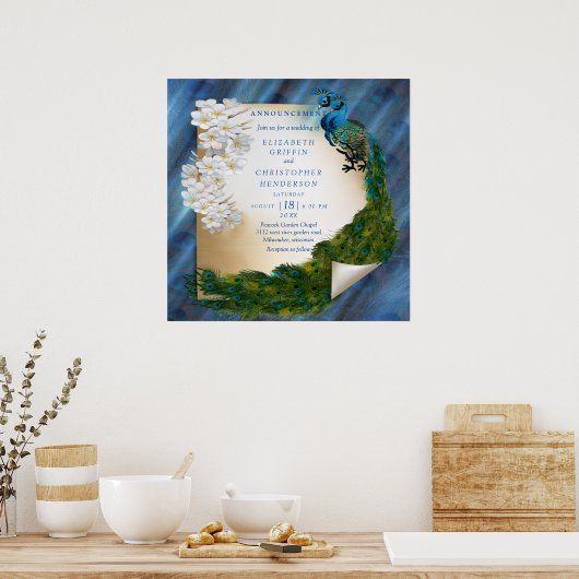 Metallic Blauwe Groen Peacocks op Emerald Green Si Poster (Keuken)