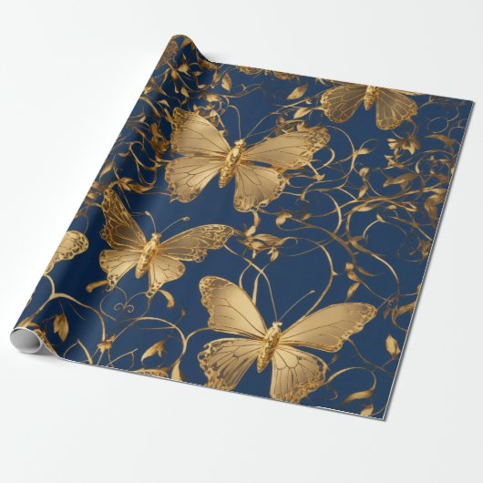 Metallic blauwe vlinders met gouden wijnstokken cadeaupapier (Uitgerold)