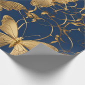 Metallic blauwe vlinders met gouden wijnstokken cadeaupapier (Hoek)