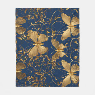 Metallic blauwe vlinders met gouden wijnstokken fleece deken