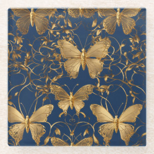 Metallic blauwe vlinders met gouden wijnstokken glazen onderzetter