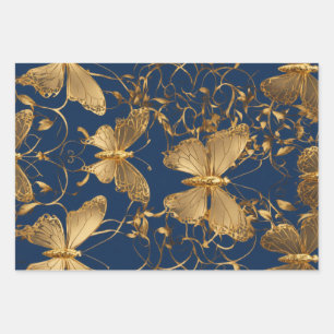 Metallic blauwe vlinders met gouden wijnstokken inpakpapier vel