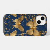 Metallic blauwe vlinders met gouden wijnstokken iPhone hoesje (Achterkant horizontaal)