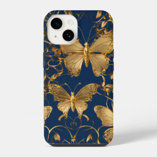 Metallic blauwe vlinders met gouden wijnstokken iPhone 14 hoesje