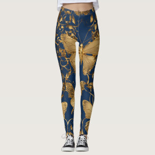 Metallic blauwe vlinders met gouden wijnstokken leggings