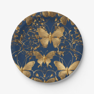 Metallic blauwe vlinders met gouden wijnstokken papieren bordje