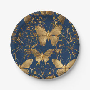 Metallic blauwe vlinders met gouden wijnstokken papieren bordje