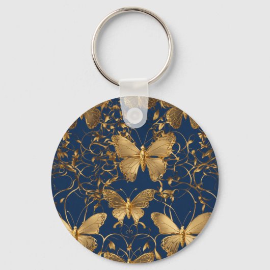 Metallic blauwe vlinders met gouden wijnstokken sleutelhanger (Voorkant)