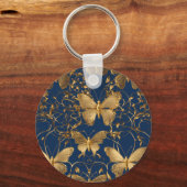 Metallic blauwe vlinders met gouden wijnstokken sleutelhanger (Voorkant)