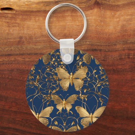 Metallic blauwe vlinders met gouden wijnstokken sleutelhanger (Voorkant)