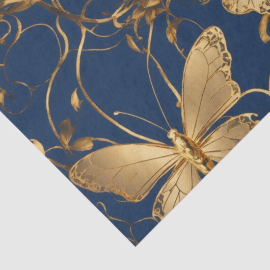 Metallic blauwe vlinders met gouden wijnstokken tissuepapier (Detail)