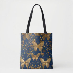 Metallic blauwe vlinders met gouden wijnstokken tote bag