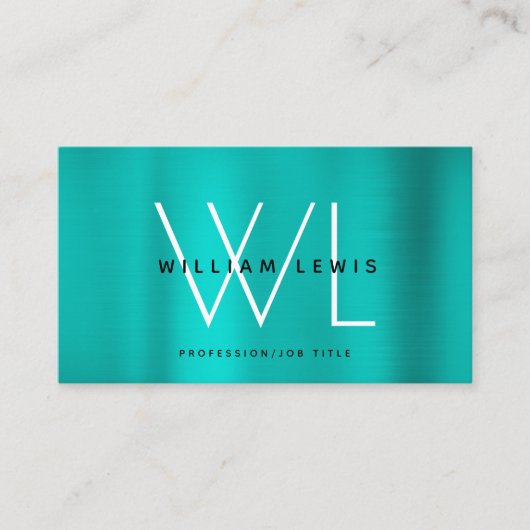 Metallic Blauwgroen Turquoise Monogram Modern Mini Visitekaartje (Voorkant)