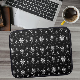 Metallic bloemen zwart en zilver bloemenpatroon laptop sleeve