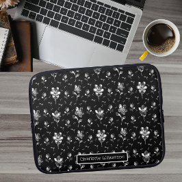 Metallic Bloemen Zwart, Zilver Bloemen Patroon Naa Laptop Sleeve