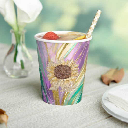Metallic bloemige achtergrond zonnebloem papier cu papieren bekers (Insitu)
