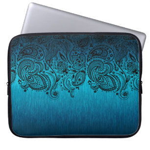 Metallic Blue-achtergrond met zwarte Paisley Lace Laptop Sleeve