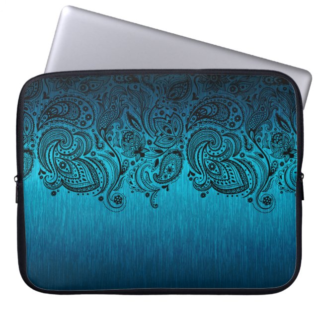 Metallic Blue-achtergrond met zwarte Paisley Lace Laptop Sleeve (Voorkant)
