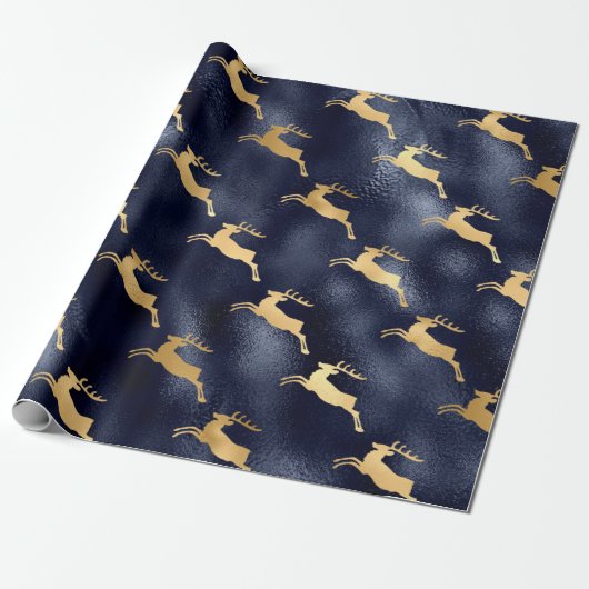 Metallic Blue en Golden Reindeer Cadeaupapier (Uitgerold)