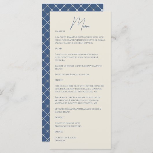 Metallic Blue · Handgeschreven script bruiloft Menu (Voorkant / Achterkant)