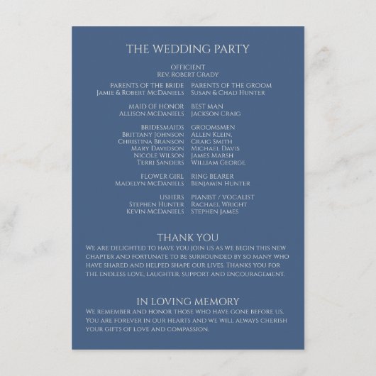 Metallic Blue · Handgeschreven script bruiloft pro Informatiekaartje (Achterkant)