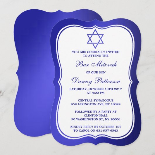 Metallic Blue Jewish Star van David Bar Mitzvah Kaart (Voorkant / Achterkant)